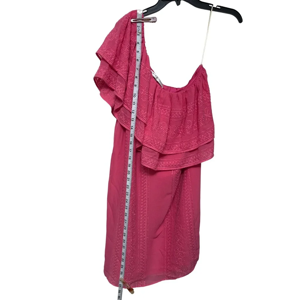 New‎ Trina Turk Phebe One Shoulder Eyelet Ruffle Mini Dress in Pink Size M
